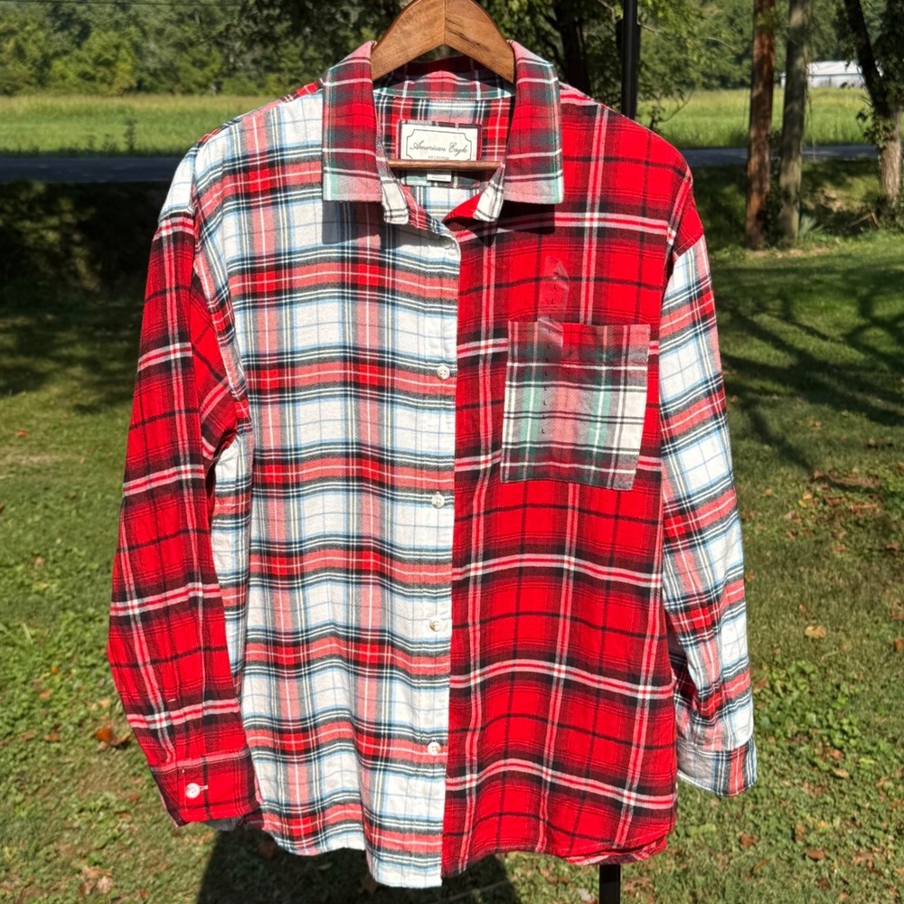 American Eagle AE Lounge Colorblock Plaid Flannel Shirt Large Red White NWT Soft